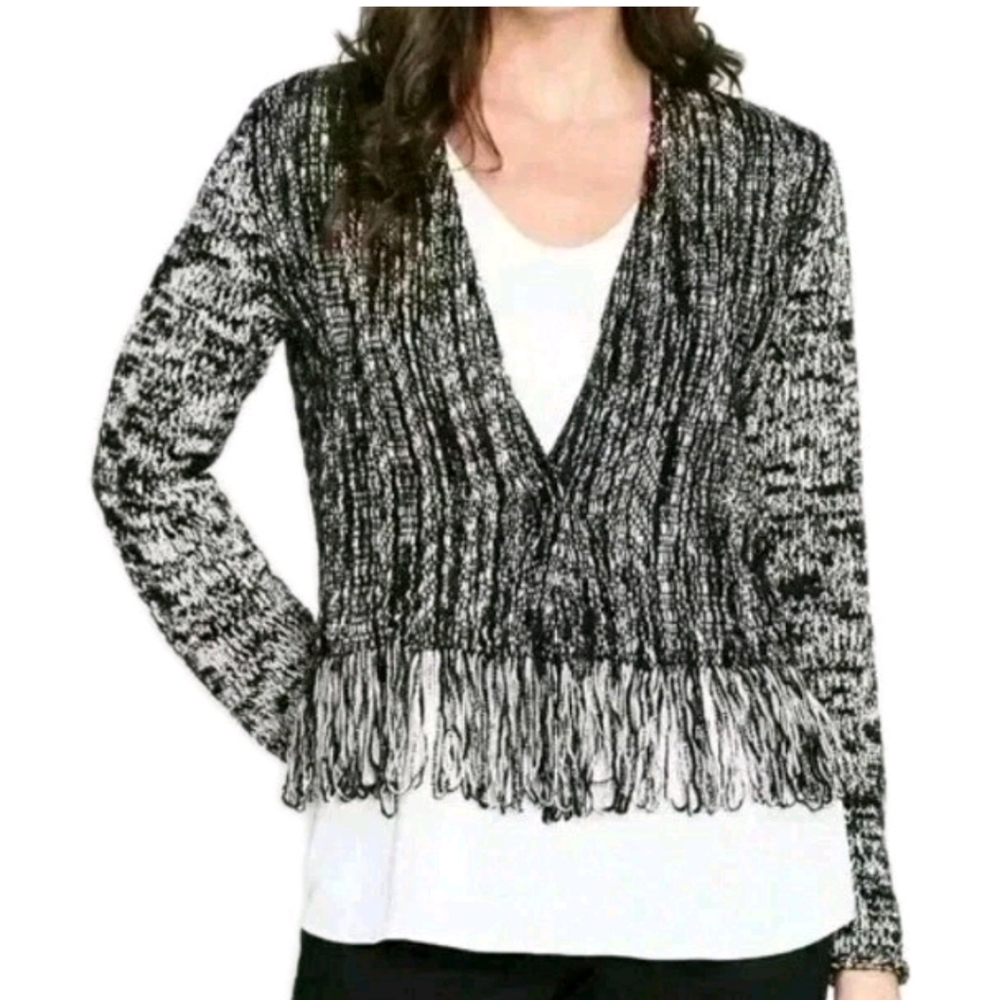Nic + Zoe Fringed Worthy Cardigan Sweater Large Black Marbled Knit Cropped Nwt